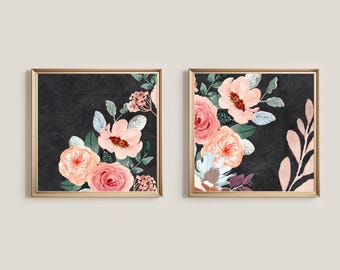 Blush Floral Wall Art Set, Black Background Botanical Prints (Digital Download)