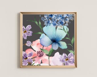 French Country Watercolor Print, Blue Pink Botanical Artwork, DIGITAL DOWNLOAD