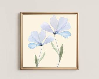 Blue Watercolor Flower Print, Minimalist Botanical Art (Digital Download)
