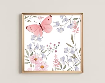 Pink Butterfly Floral Wall Art Print, Whimsical Botanical Nursery Decor, Girls Room Art