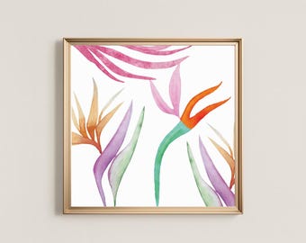 Tropical Botanical Watercolor Print, Birds of Paradise Wall Art, Modern Coastal Decor, DIGITAL DOWNLOAD