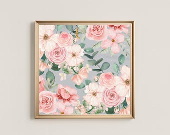 French Country Floral Wall Art Print, Soft Watercolor Roses & Peonies, Cottage Decor