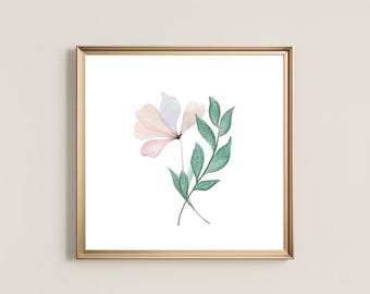 Pink and White Pastel Watercolor Flower & Sage Leaves - Botanical Print