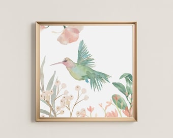Watercolor Hummingbird Print | Pastel Floral Wall Art (Digital Download)