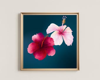 Tropical Digital Print| Pink & Red Hibiscus Flowers (Printable Digital Download)