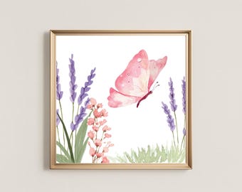 Pink Butterfly Watercolor Print: Lavender Flowers, Nursery Decor (Digital Download)