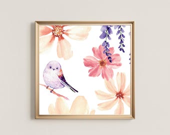 Watercolor Floral Bird Print| Soft Pink Purple Nursery Decor, Feminine Botanical Illustration, DIGITAL DOWNLOAD