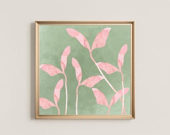 Minimalist Pink Botanical Print, Modern Blush Leaf Art (Digital Download)