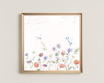 Whimsical Wildflower Printable, Watercolor Floral Meadow with Dragonflies|Cottage and Nursery Decor