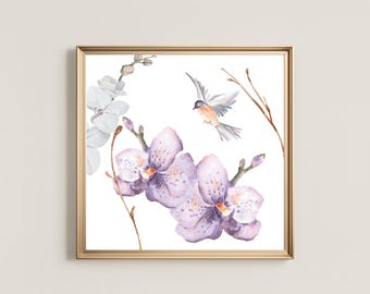 Orchid & Hummingbird Watercolor Print: French Country Coastal Wall Art (Digital Download)