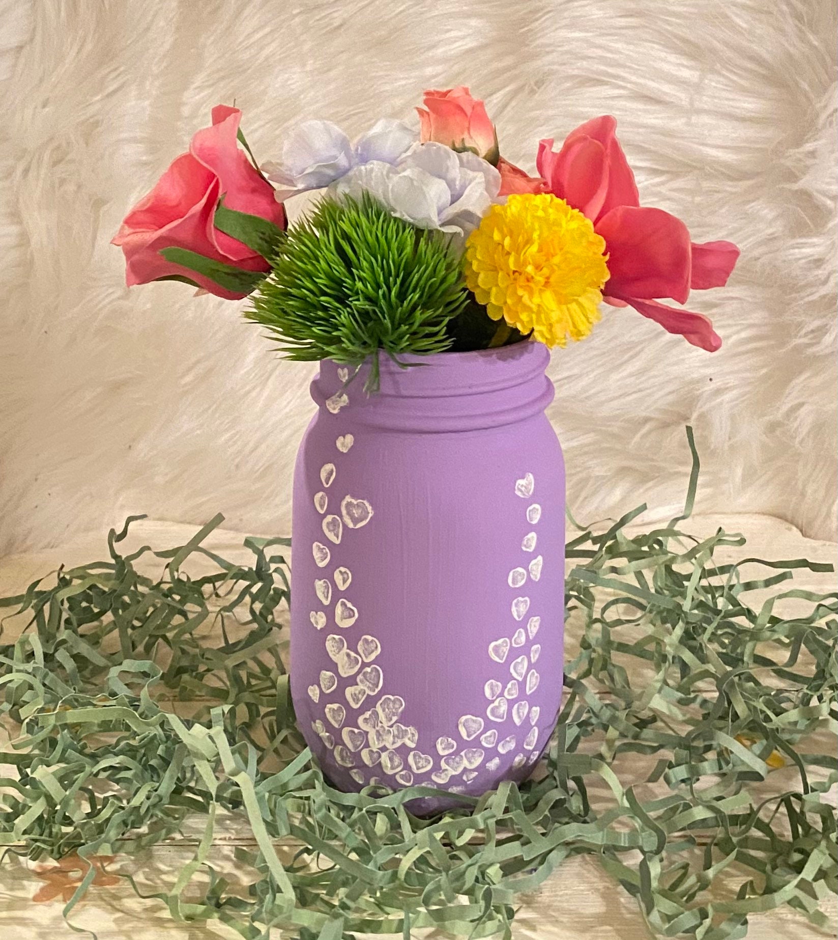 Purple mason jar with scattered hearts design Etsy