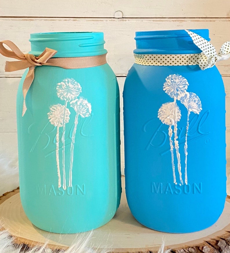 Teal Painted Quart Mason Jar With White Dandelion Design Etsy