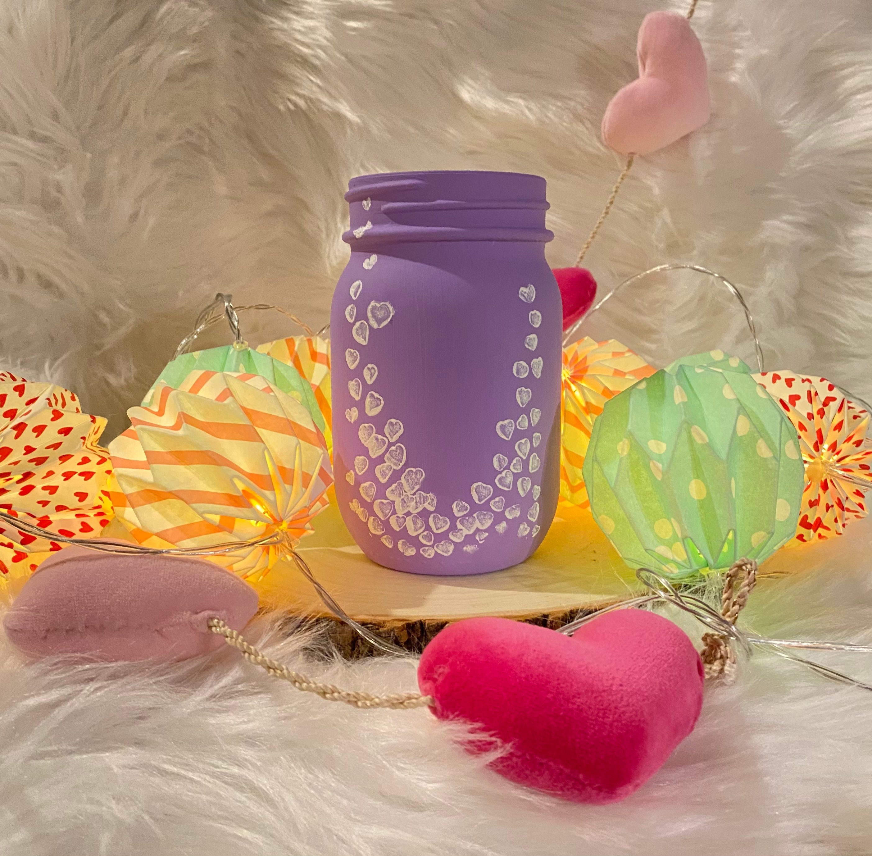 Purple mason jar with scattered hearts design Etsy
