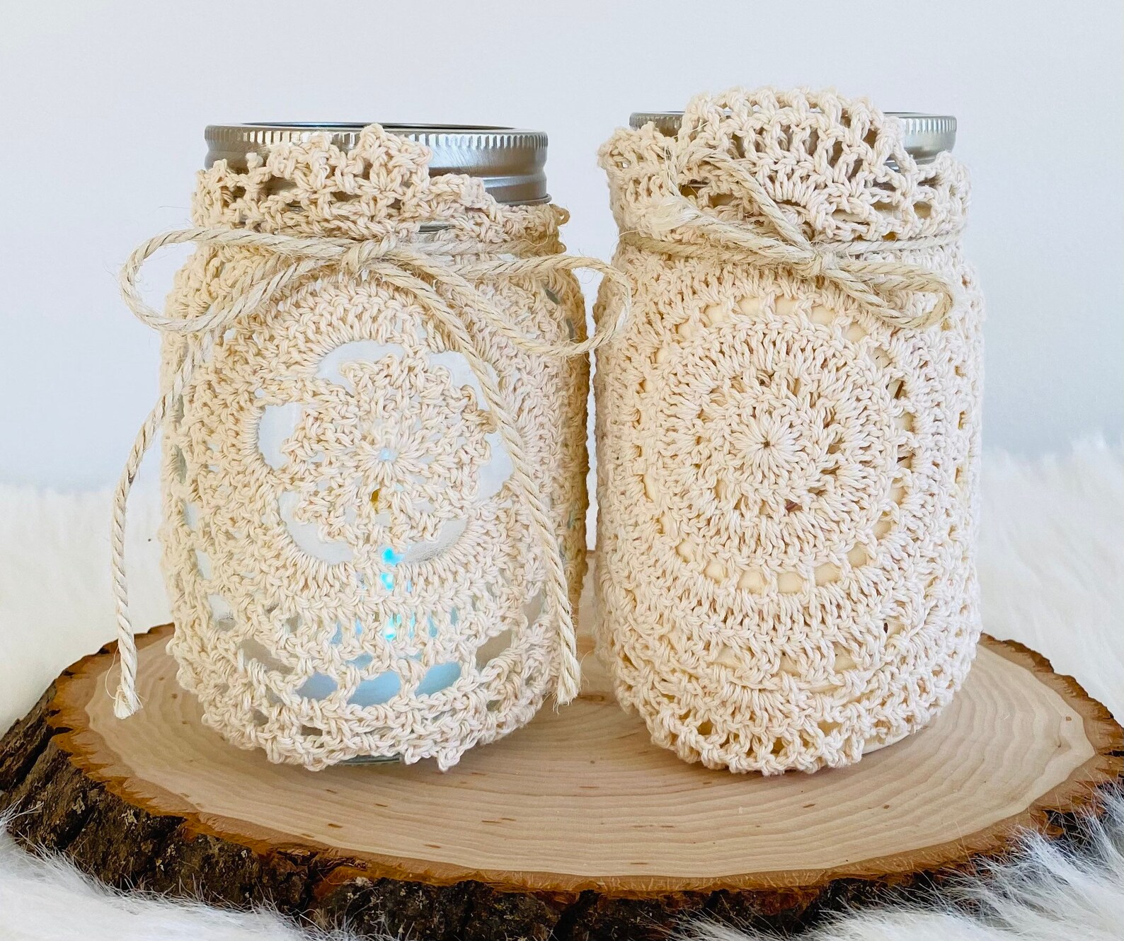 Crochet doily mason jar votive candle holders Etsy