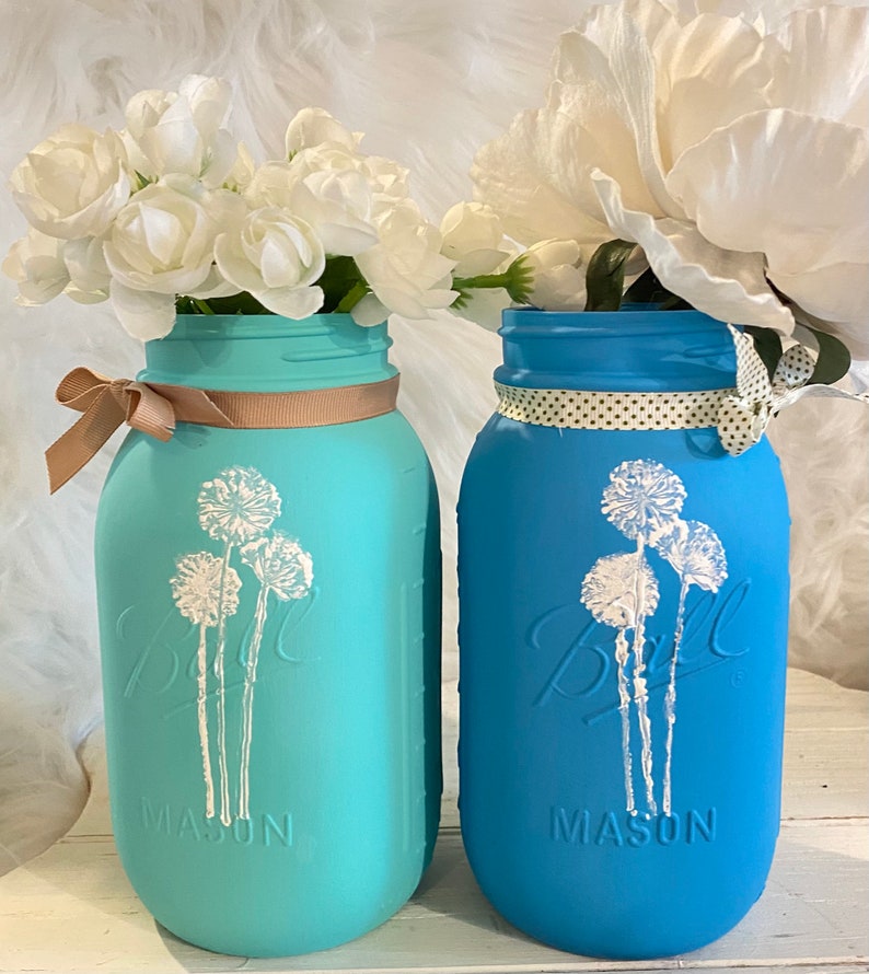 Teal Painted Quart Mason Jar With White Dandelion Design Etsy