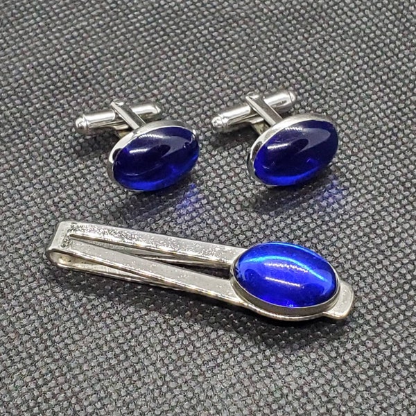 Silver Blue Tie Clip Cufflink Set