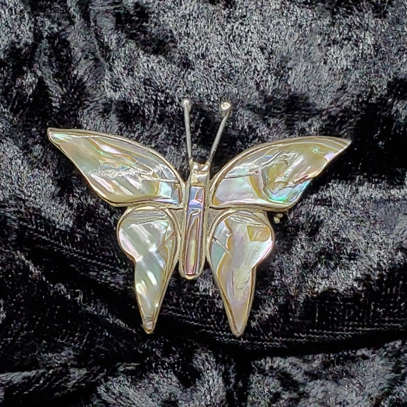 Vintage Mexico Silver Abalone Butterfly Brooch - image 3