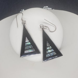 Vintage Abalone Dangle Earrings Alpaca Mexico Enameled