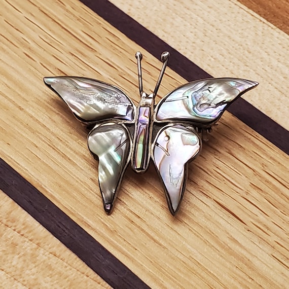 Vintage Mexico Silver Abalone Butterfly Brooch - image 1