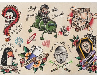 May include: A collection of colorful, vintage-style tattoo designs. The illustrations include a skull with flames, a cartoon character on a vehicle, a face with crossbones, a penguin, and text that reads "Boys from the Dwarf".