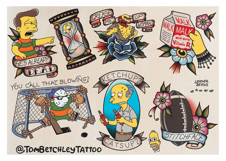 May include: A collection of nine colorful tattoo designs featuring characters from the animated television show The Simpsons. The designs include a yellow character with a green shirt, a yellow character with an hourglass, a yellow character with a red beard, a yellow character holding a carton of milk, a yellow character with a hockey mask, a yellow character holding two bottles of ketchup, a football with a pink flower, a yellow character with a mustache, and a yellow character with a blue shirt.