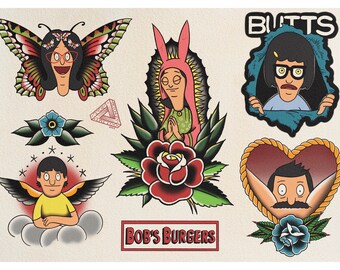 Puede incluir: Un conjunto de seis diseños de tatuaje coloridos con personajes del programa de televisión animado Bob's Burgers. Los diseños incluyen una mariposa con la cara de Tina Belcher, una Linda Belcher rezando con un disfraz de conejito rosa, una rosa con un tallo verde y hojas, Bob Belcher con alas de ángel, Bob Belcher mirando desde un corazón, y Gene Belcher mirando desde un trozo de papel rasgado con la palabra "BUTTS" encima. Los diseños están todos en un estilo de tatuaje tradicional.