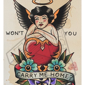 Op de afbeelding: Een traditionele tattoo-stijl illustratie van een engel met vleugels, een halo en een hart. De engel houdt het hart vast en de tekst luidt "Engelenvleugels dragen me niet naar huis?"