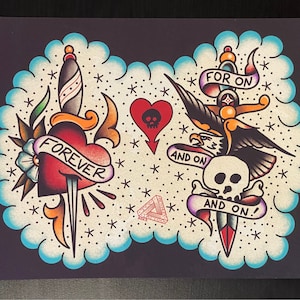 May include: A vintage-style tattoo design with a heart pierced by a dagger, a skull with a dagger, and an eagle with a dagger. The heart has a banner that reads "FOREVER". The skull has a banner that reads "AND ON". The eagle has a banner that reads "FOR ON". The design is surrounded by stars and dots.