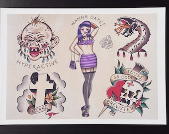 Classic Horror Movie Inspired Traditional Tattoo Flash Sheet A4 print