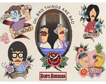 Puede incluir: Un conjunto de nueve diseños de flash de tatuaje con personajes del programa de televisión animado Bob's Burgers. Los diseños incluyen a Bob, Linda, Teddy, Gene, Louise y una piña con gafas de sol. El texto "Oh, bad things are bad", "This is me now!" y "Aloha" están incluidos en los diseños.