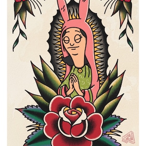 May include: A traditional tattoo style image of a woman with long black hair wearing a pink bunny costume and a green dress. She is praying with her hands clasped together. She is surrounded by a halo of yellow light and a red rose with green leaves. The image is set against a cream background.