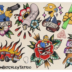 Simpsonowie zainspirowali Tattoo Flash Sheet 1 A4 Wysokiej Jakości Wydruk