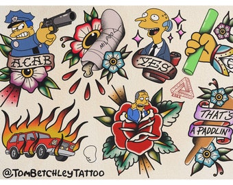 The Simpsons inspired Tattoo Flash Sheet 1 A4 High Quality Print