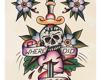 May include: A traditional tattoo design featuring a skull with a dagger piercing through it, surrounded by flowers and a banner that reads "Where Did She Go?" The design is in a classic American traditional style with bold lines and vibrant colors. The text "NOFX" is at the bottom of the image.