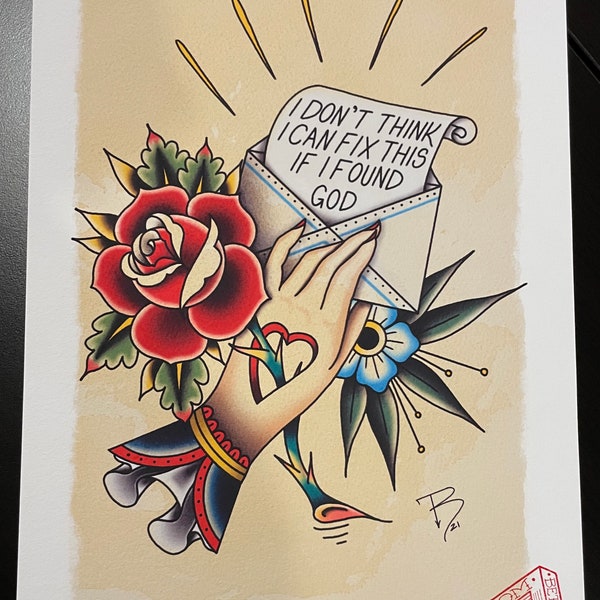 Spanish Love Songs “Bellyache” inspired, tattoo flash style high quality A4 print