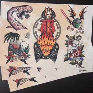 Star Wars Inspired Traditional Tattoo Flash Sheet High Quality A4 Print