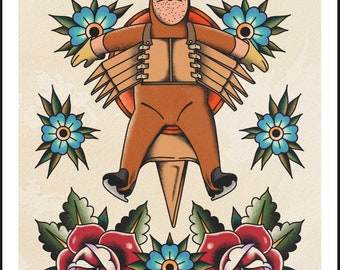 Puede incluir: Una ilustración de tatuaje de estilo vintage de una persona que lleva un mono marrón con un objeto grande, puntiagudo y marrón en la espalda. La persona lleva un casco marrón y tiene una expresión de sorpresa en la cara. El texto "I DIDN'T KICK IT." está escrito encima de la persona. La ilustración está rodeada de flores azules y rosas rojas.