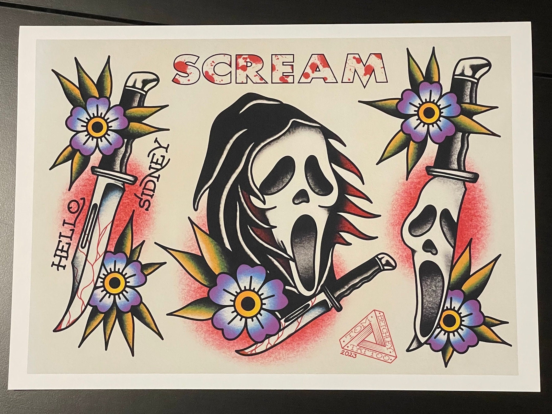 Scream mask next to a rose by Kolby Chandler TattooNOW