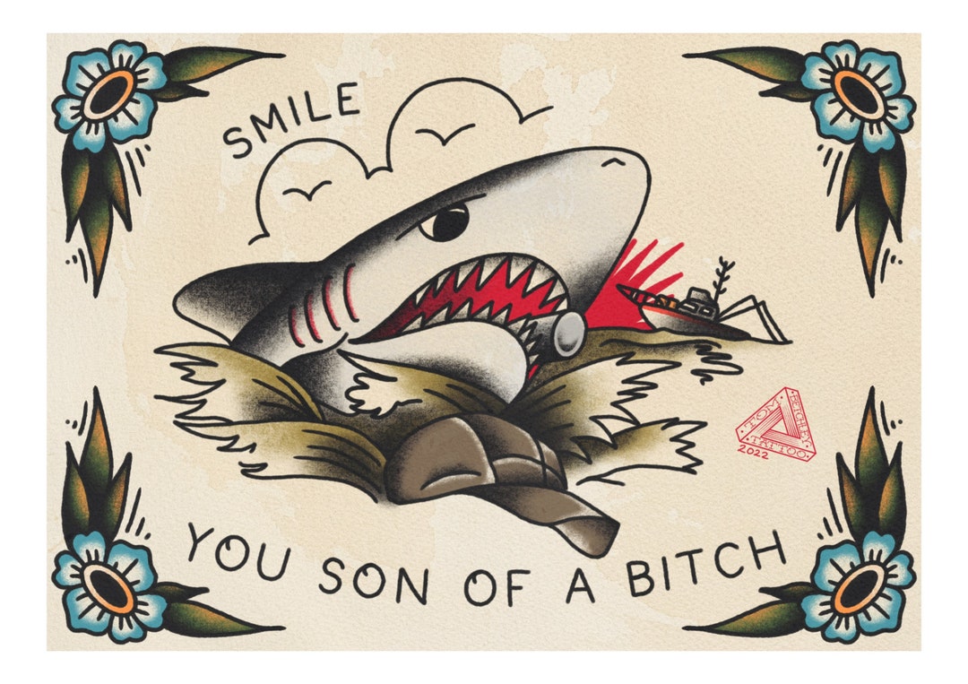 Jaws Inspired Tattoo Flash/sailor Jerry Style A4 Print - Etsy