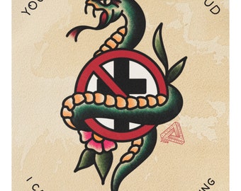 May include: A green snake wrapped around a red circle with a black cross inside. The circle has a diagonal line through it. The text "YOUR ACTIONS SPEAK SO LOUD I CAN'T HEAR A WORD YOU'RE SAYING" surrounds the snake and circle.