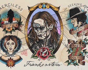 Frankenstein Inspired High Quality Tattoo Flash Sheet Print