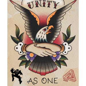 May include: Vintage-style tattoo art featuring a bald eagle with outstretched wings, a handshake, and floral accents. The word "UNITY" is arched above the eagle. Below, the text reads "AS ONE STAND TOGETHER."