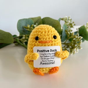 May include: A yellow crocheted duck holding a card that says "Positive Duck I may be a tiny duck, but I believe in you! Go do your thing! You're Ducking Awesome!"