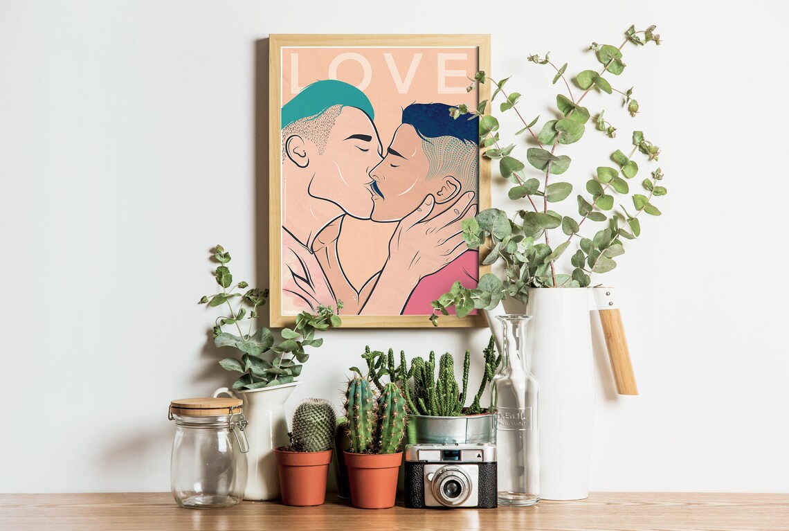 Gay Love Art Poster Print Wall Art Gay Illustration Kiss Etsy 