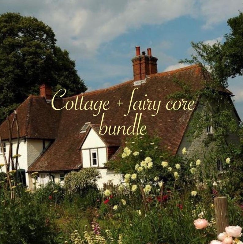 May include: A quaint cottage with a brown tiled roof and brick chimney is surrounded by lush greenery and flowers. The text "Cottage + fairy core bundle" is written across the image against a blue sky.