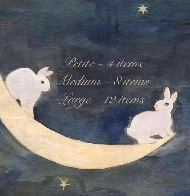 May include: Watercolor painting of two white rabbits on a crescent moon against a dark blue night sky with stars. Text reads "Petite - 4 items", "Medium - 8 items", and "Large - 12 items".