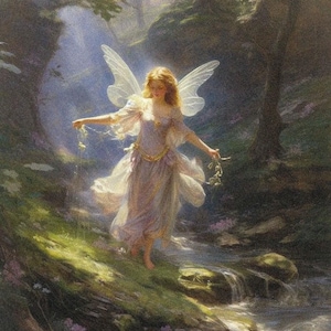 May include: A painting of a fairy with blonde hair and large, translucent wings, wearing a flowing lavender dress with a gold belt. She walks through a forest, holding a garland of flowers, with a stream in the background.