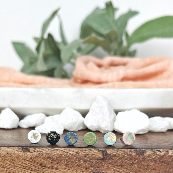 Minimalist Gold Fleck Marble Circle Dot Brass Post Earrings With Hand Painted Neutral Colors - Customizable Bridal Party Jewelry Gifts