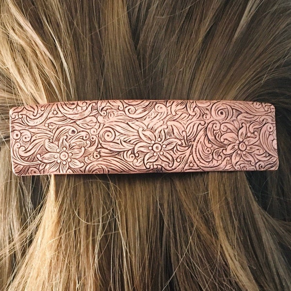 floral copper barrette, flower pattern rectangle barrette, barrettes for thick hair, cute french barrette, metal hair barrette