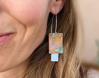 hammered silver and patina copper earrings, sterling silver drop earrings, verdegris copper dangle earrings